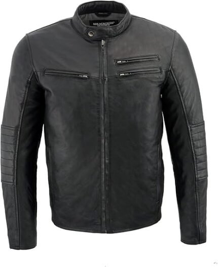 Men's Black Euro Collar Cafe Style Leather Jacket