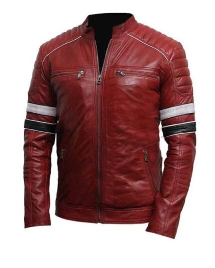 Mens Striped Red Cafe Racer Jacket